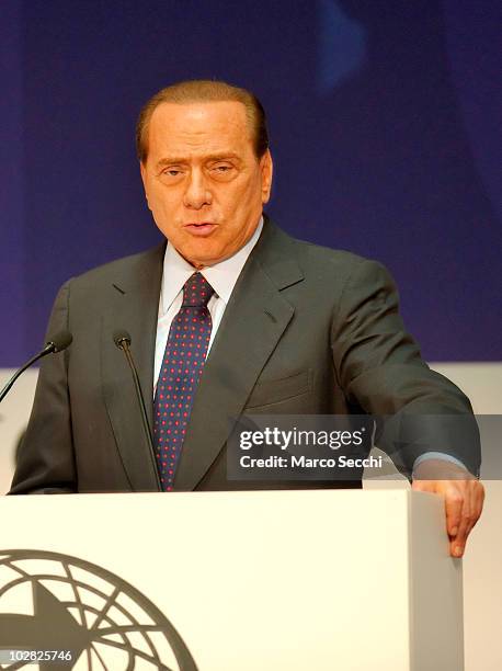 Italian Prime Minister Silvio Berlusconi gives the final speech at the opening session of the Med Forum 2010 on July 12, 2010 in Milan, Italy. The...