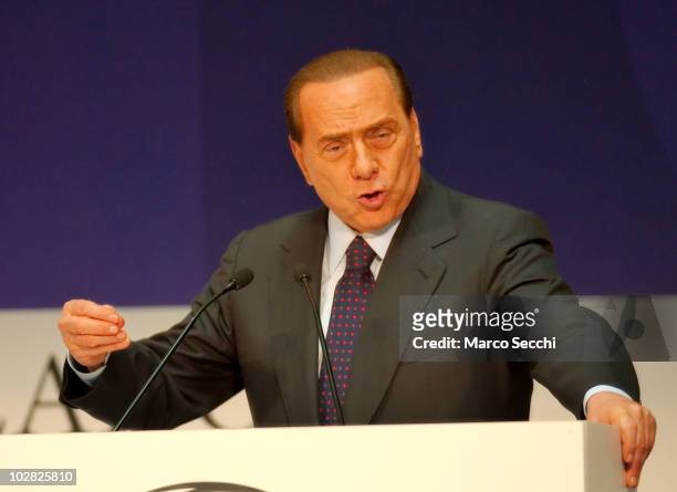 Italian Prime Minister Silvio Berlusconi gives the final speech at the opening session of the Med Forum 2010 on July 12, 2010 in Milan, Italy. The...