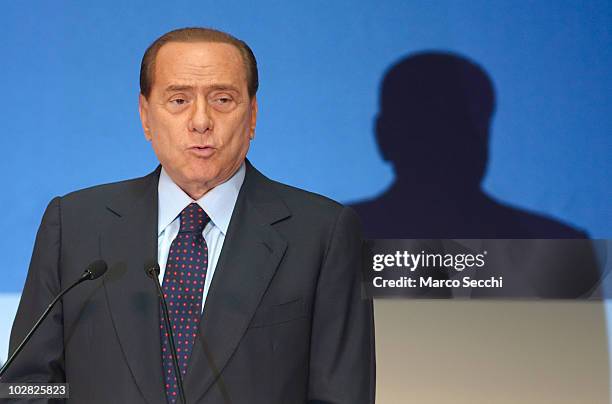 Italian Prime Minister Silvio Berlusconi gives the final speech at the opening session of the Med Forum 2010 on July 12, 2010 in Milan, Italy. The...