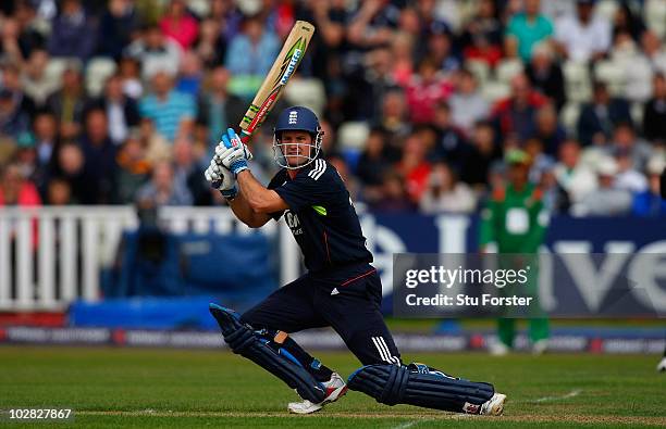 England batsman Andrew Strauss cuts a ball to the boundary during the 3rd NatWest ODI between England and Bangladesh at Edgbaston on July 12, 2010 in...