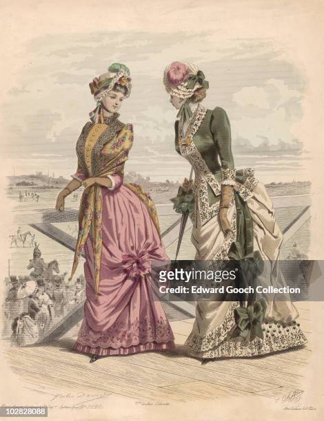Illustration depicting two women, each wearing ornate flowing gowns, at Ascot Racecourse in Berkshire, England, Great Britain, 1880. Both women, each...