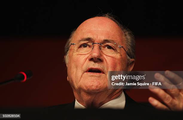 Joseph S. Blatter, FIFA President, talks to the media alongside Issa Hayatou, Chairman of the Organising Committee of the FIFA World Cup and FIFA...