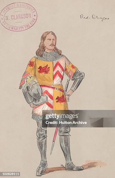 Illustration depicting a full-length image of King Henry VII of England in suit of armour, circa 1500. Henry VII displayed the red dragon of...