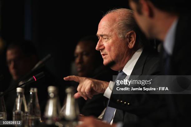 Joseph S. Blatter, FIFA President, talks to the media alongside Issa Hayatou, Chairman of the Organising Committee of the FIFA World Cup and FIFA...
