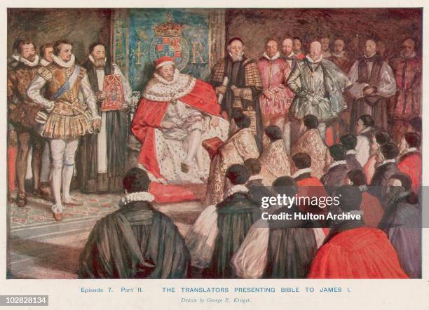 Illustration entitled 'The Translators Presenting Bible To James I', showing a group of robed men handing a bible to King James I of England, seated...