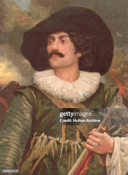 Cavalier with a gun in one hand, Great Britain, circa 1645. Cavalier was the name used by Parliamentarians for a Royalist supporter of King Charles I...