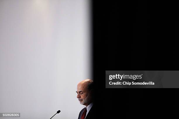 Federal Reserve Bank Chairman Ben Bernanke speaks at the William McChesney Martin Federal Reserve Board Building July 12, 2010 in Washington, DC....