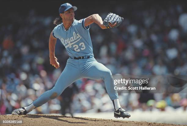 Mark Gubicza, Pitcher for the Kansas City Royals winds up to throw during the Major League Baseball American League West game against the Oakland...