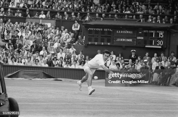 Australian tennis player Ken Rosewall competing against fellow Australian John Newcombe in the semi-final of the Mens Singles at Wimbledon, 1st July...