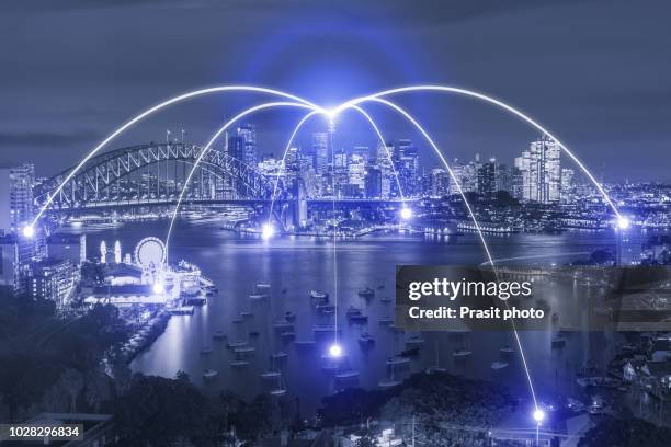 network business connection system on cityscape background in sydney, australia. network business connection concept - australia city scape light stockfoto's en -beelden