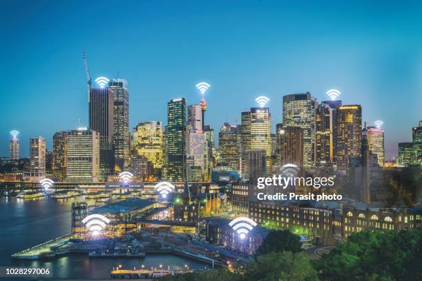 smart sydney city and wireless communication network, abstract image visual, internet of things - australia icon stock-fotos und bilder