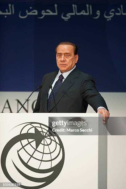 Italian Prime Minister Silvio Berlusconi gives the final speech at the opening session of the Med Forum 2010 on July 12, 2010 in Milan, Italy. The...