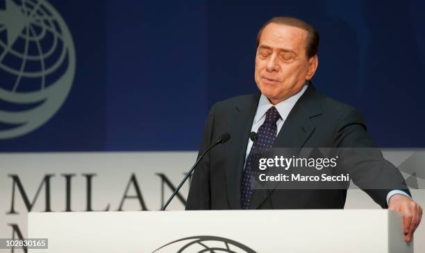 Italian Prime Minister Silvio Berlusconi gives the final speech at the opening session of the Med Forum 2010 on July 12, 2010 in Milan, Italy. The...