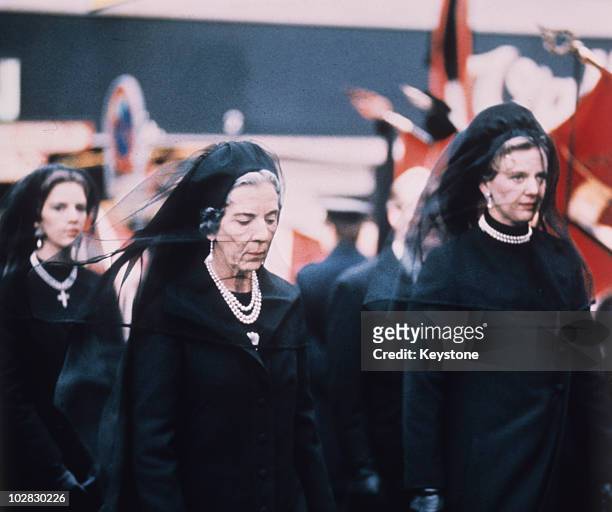 Queen Ingrid of Denmark , Crown Princess Margrethe and Queen Anne-Marie of Greece, at the funeral of King Frederick IX of Denmark at Roskilde...