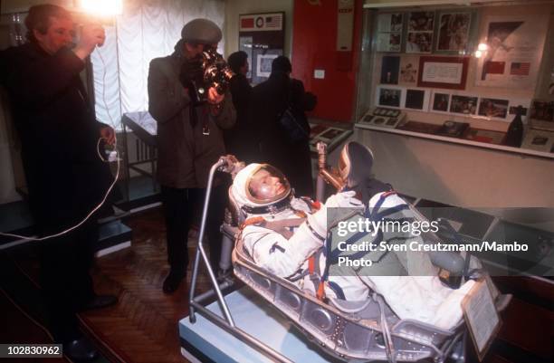 Russian camera men film a scale-model showing Russian cosmonaut Yuri Gagarin is seen in a space museum, on March 16 in Baikonur, Kazakhstan. Gagarin...