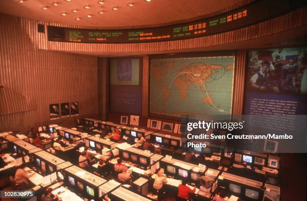 Scientific staff at the Control Center oversees the flight of Russian spacecraft Soyuz TM-14 on its way to the MIR space station, on March 17 in...