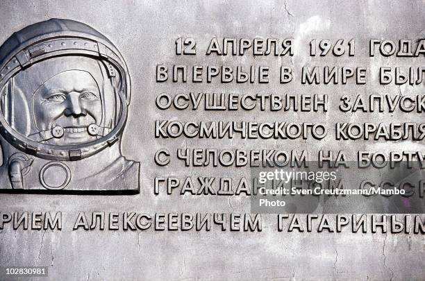 Propaganda sign shows the image of Russian cosmonaut Yuri Gagarin, on March 16 in Baikonur, Kazakhstan. Gagarin was the first human in outer space...