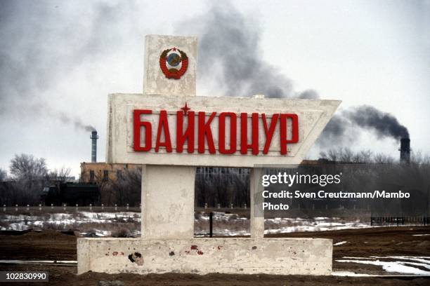 Sign marks the entrance to the town of Baikonur, on March 16 in Baikonur, Kazakhstan. Baikonur, located in the steppes of Kazakhstan, was constructed...