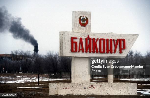 Sign marks the entrance to the town of Baikonur, on March 16 in Baikonur, Kazakhstan. Baikonur, located in the steppes of Kazakhstan, was constructed...