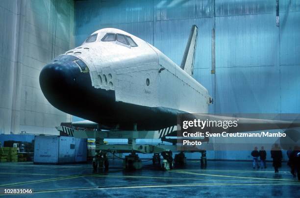 Buran spacecraft is seen in a hangar, on March 19 in Moscow, Russia. The Buran , influenced by the American Space Shuttle design, completed one...