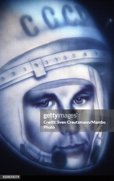 The image of Russian cosmonaut Yuri Gagarin is seen in a space museum, on March 16 in Baikonur, Kazakhstan. Gagarin was the first human in outer...