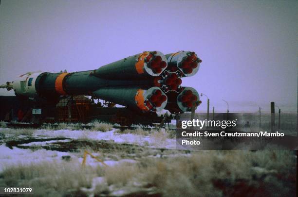 Soyuz TM-14 is carried on railways to the Baikonur Cosmodrome rocket launch ramp, on March 17 in Baikonur, Kazakhstan. The Soyuz TM-14 spacecraft...