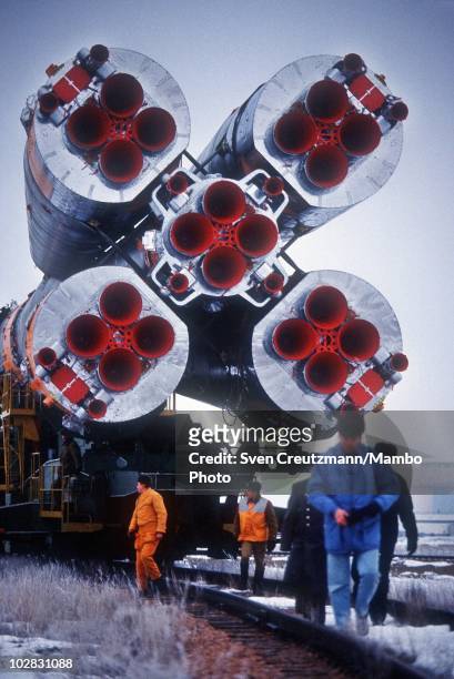 Soyuz TM-14 is carried on railways to the Baikonur Cosmodrome rocket launch ramp, on March 17 in Baikonur, Kazakhstan. The Soyuz TM-14 spacecraft...