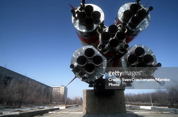 Rocket spacecraft is exhibited in the streets, on March 16 in Baikonur, Kazakhstan. Baikonur, located in the steppes of Kazakhstan, was constructed...