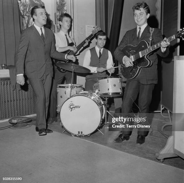 British musicians Billy J Kramer, Robin McDonald, Mike Maxfield, and Tony Mansfield of The Dakotas, UK, 22nd July 1964.