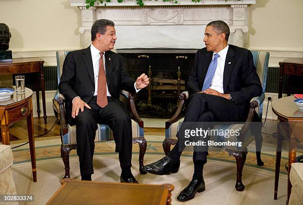President Barack Obama and Leonel Fernandez, president of the Dominican Republic, speak after a bilateral meeting in the Oval Office of the White...