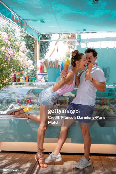 Tv presenter Laury Thilleman is photographed for Paris Match with her fiance the chef Juan Arbelaez for Paris Match on July 25, 2018 on Porquerolles...