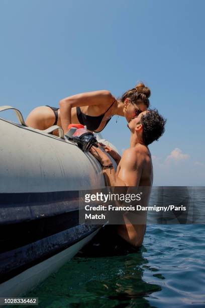 Tv presenter Laury Thilleman is photographed for Paris Match with her fiance the chef Juan Arbelaez for Paris Match on July 25, 2018 on the Cote...