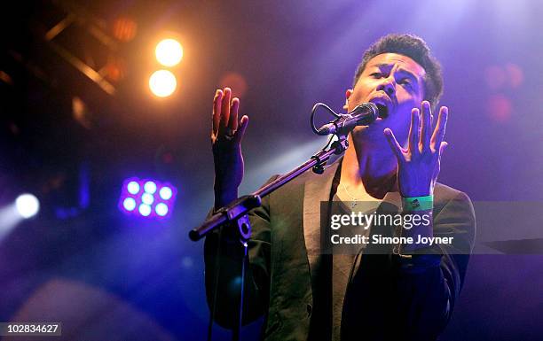 Dougy Mandagi of Australian indie rock band, The Temper Trap performs live on stage during the fifth night of the Summer Series at Somerset House on...
