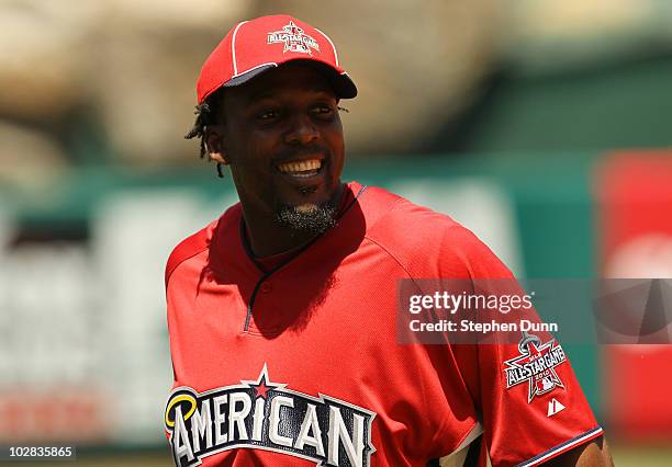 American League All-Star Vladimir Guerrero of the Texas Rangers looks on during Gatorade All-Star Workout Day at Angel Stadium of Anaheim on July 12,...