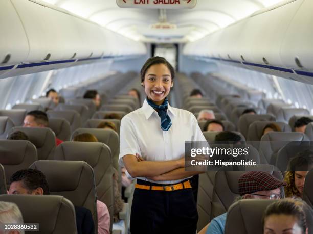 beautiful african american flight attendant in an airplane - tripulação imagens e fotografias de stock