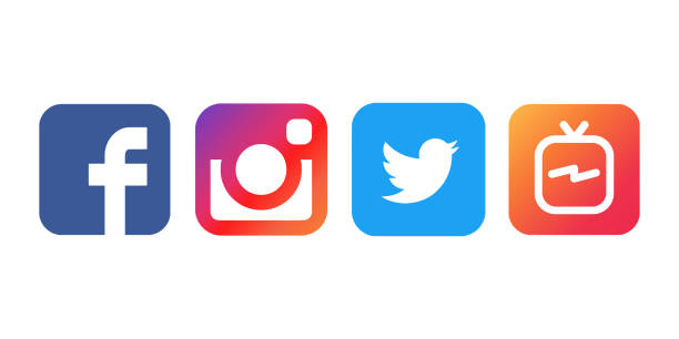 Collection of popular social media logos printed on white paper: Facebook, Instagram, Twitter and IGTV.