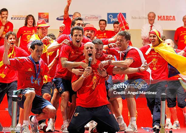 Spanish national football team players celebrate during the Spanish team's victory parade following their victory over the Netherlands in the 2010...