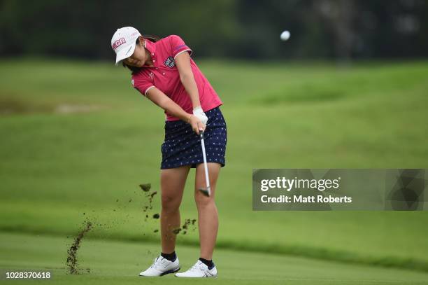 Rie Tsuji of Japan plays her second shot on the 1st hole during the second round of the 2018 LPGA Championship Konica Minolta Cup at Kosugi Country...