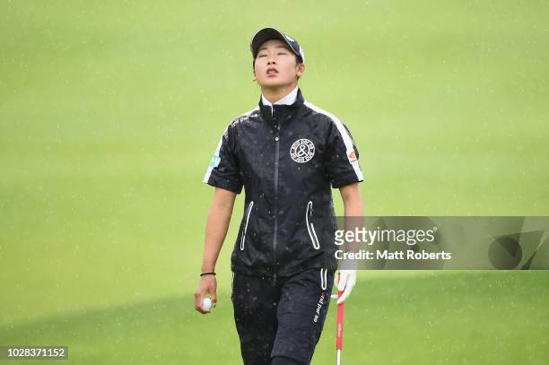 Rei Matsuda of Japan looks dejected during the second round of the 2018 LPGA Championship Konica Minolta Cup at Kosugi Country Club on September 7,...