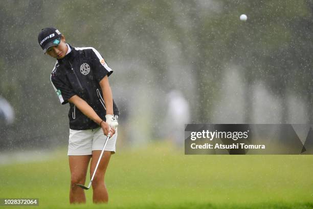 Rei Matsuda of Japan chips onto the 18th green during the second round of the 2018 LPGA Championship Konica Minolta Cup at Kosugi Country Club on...