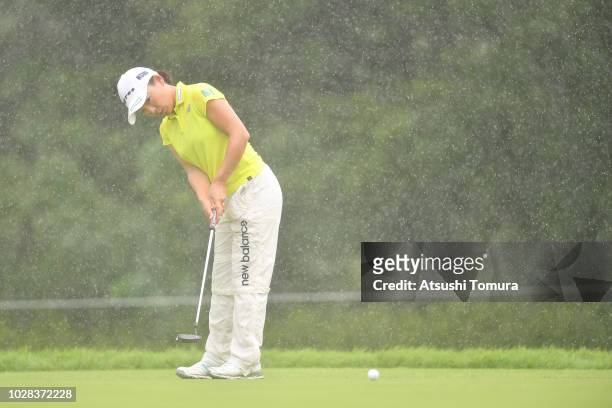 Chie Arimura of Japan chips onto the 12th green during the second round of the 2018 LPGA Championship Konica Minolta Cup at Kosugi Country Club on...