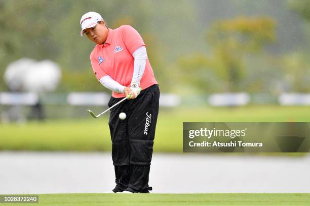 Sun-Ju Ahn of South Korea hits her third shot on the 18th hole during the second round of the 2018 LPGA Championship Konica Minolta Cup at Kosugi...