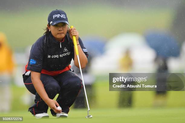 Ai Suzuki of Japan lines up her putt on the 18th hole during the second round of the 2018 LPGA Championship Konica Minolta Cup at Kosugi Country Club...