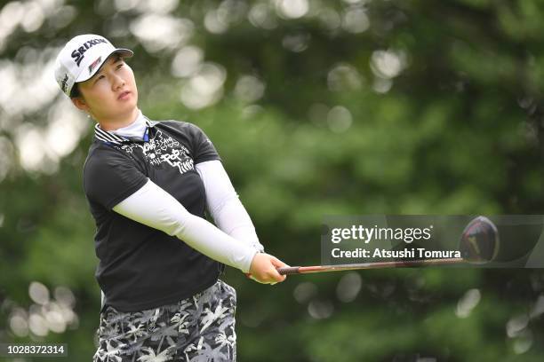 Asuka Ishikawa of Japan liens up her tee shot on the 14th hole during the second round of the 2018 LPGA Championship Konica Minolta Cup at Kosugi...