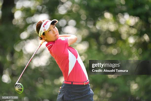 Mami Fukuda of Japan liens up her tee shot on the 14th hole during the second round of the 2018 LPGA Championship Konica Minolta Cup at Kosugi...