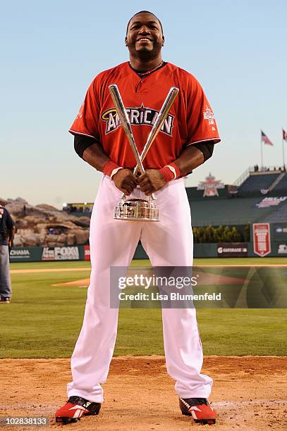 American League All-Star David Ortiz of the Boston Red Sox poses after winning the 2010 State Farm Home Run Derby during All-Star Weekend at Angel...