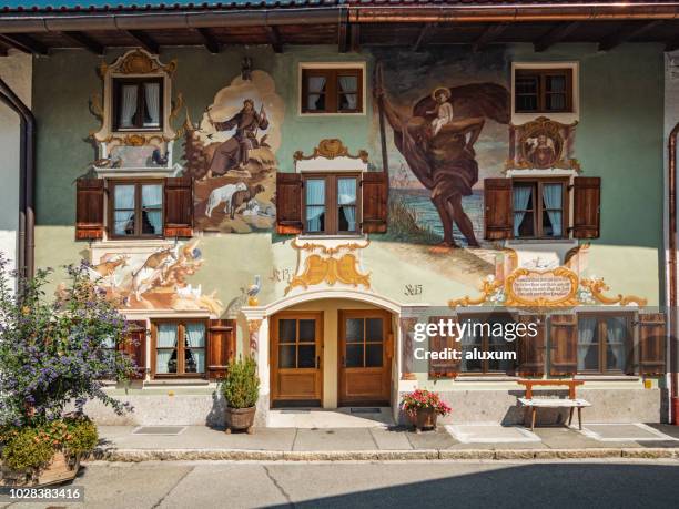 painted facade in mittenwald village germany - mittenwald stock pictures, royalty-free photos & images
