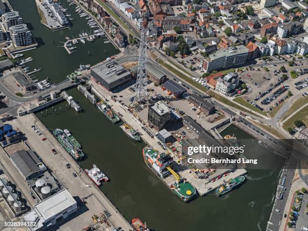 harbor of cuxhaven, aerial view - cuxhaven stock-fotos und bilder