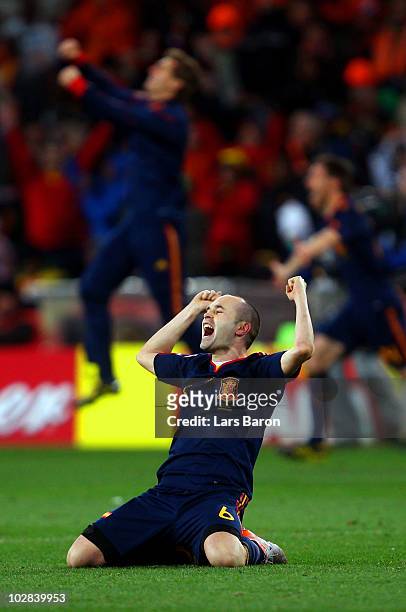 Andres Iniesta of Spain celebrates after his goal seals victory during the 2010 FIFA World Cup South Africa Final match between Netherlands and Spain...