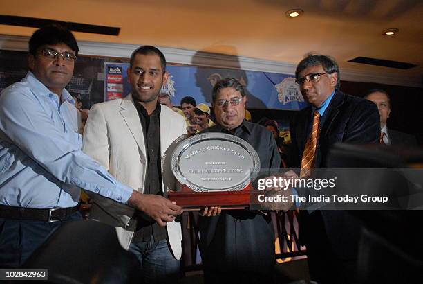 Indian captain Mahendra Singh Dhoni being felicitated by the Madras Cricket Club for leading the Chennai Super Kings to victory in IPL season 3 on...